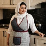 پیشبند آشپزخانه زنانه لالاروژ مدل بانو زمینه زغالی با نوار زرشکی