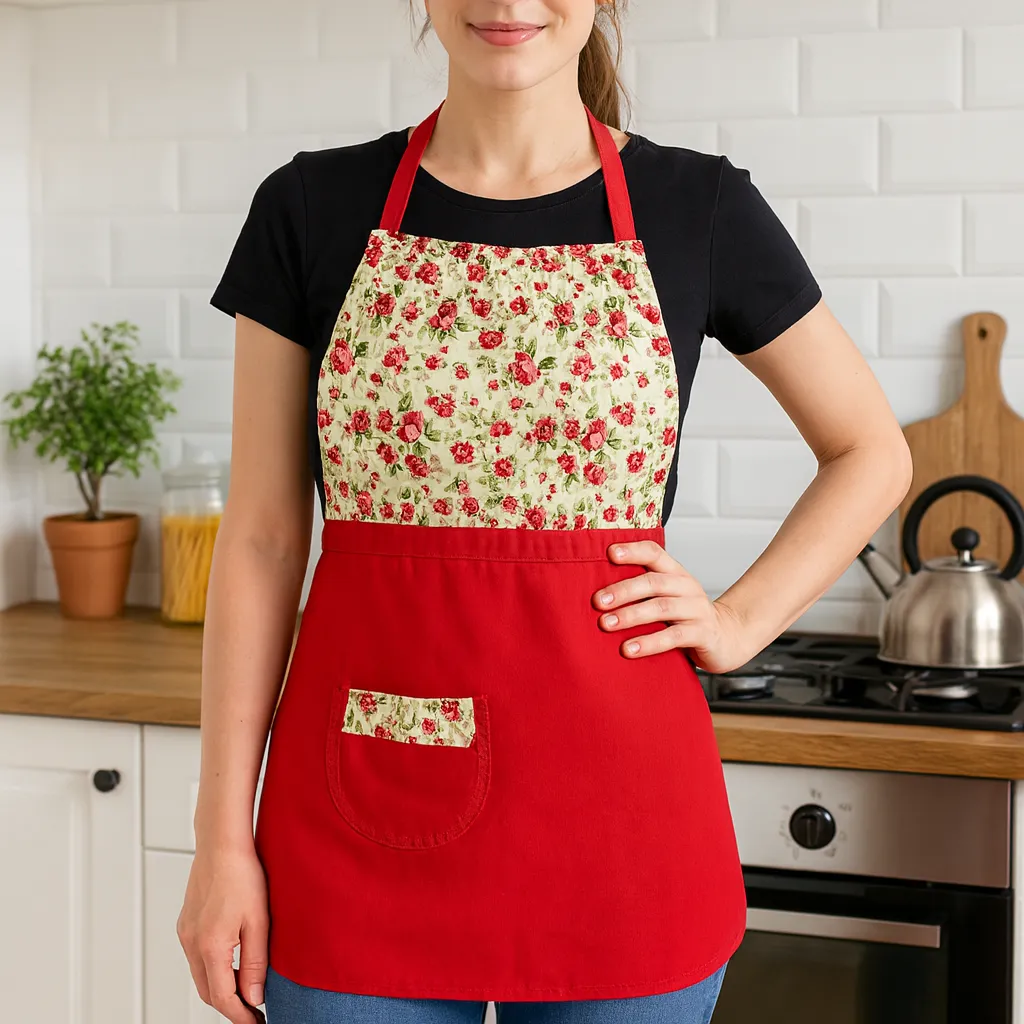 زن با پیشبند گل رز در آشپزخانه