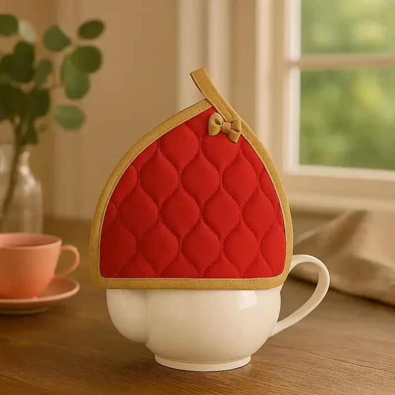 دمکنی قوری طرح گلبرگ قرمز با لبه کرم روی میز چوبی در فضای نشیمن