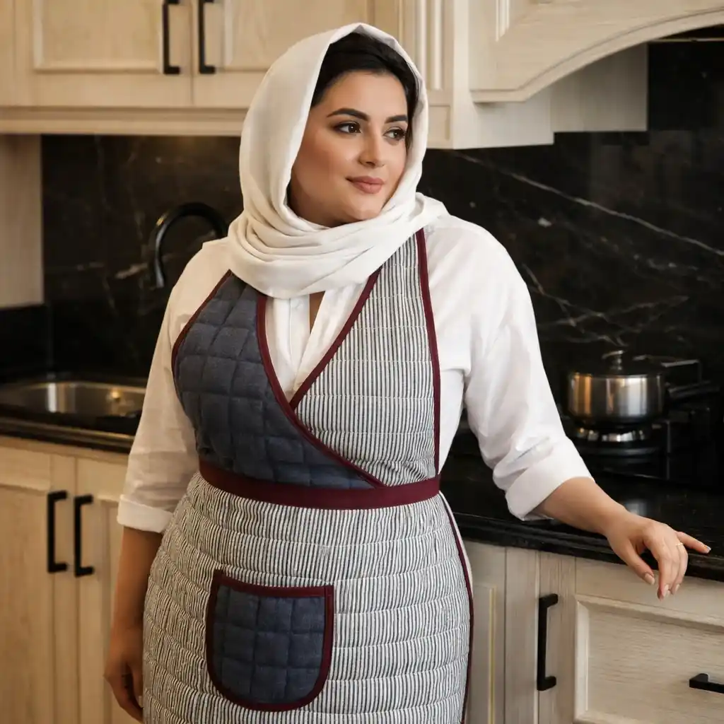 پیشبند زنانه سایز بزرگ لالاروژ با نوارهای زرشکی روی تن مدل