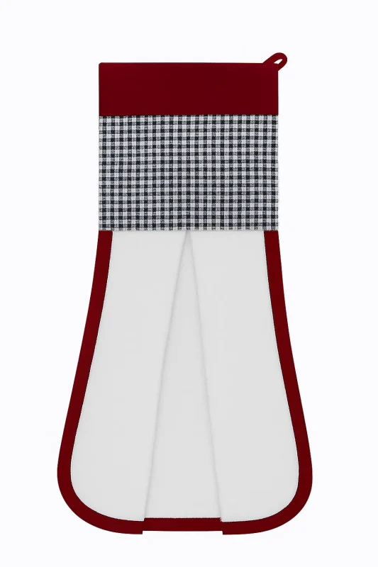 حوله آشپزخانه سفید با بندینک و طرح شطرنجی زرشکی