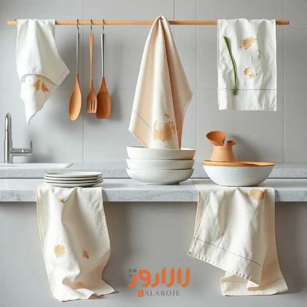 منسوجات آشپزخانه با لکههای کوچک و نشانههای استفاده، نشاندهنده لکپذیری پارچهها.