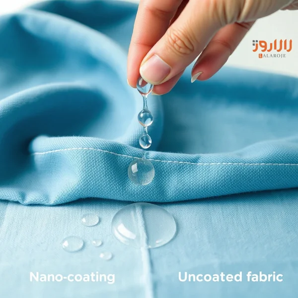 قطره آب روی پارچه نانویی باقی میماند، اما روی پارچه بدون پوشش جذب میشود.