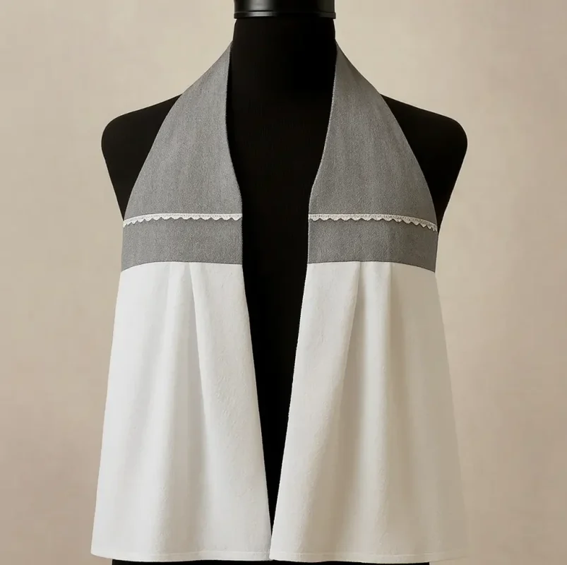 حوله آشپزخانه خاکستری و سفید با نوار گیپوری روی مانکن مشکی