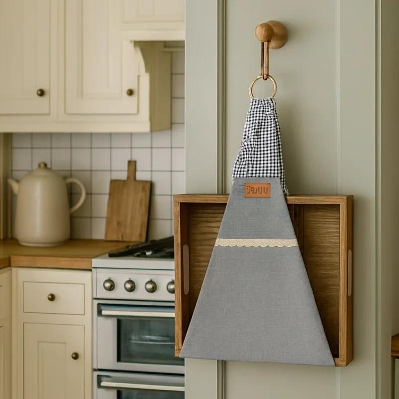 آویز پارچهای سینی با بند چهارخانه و نوار گیپور، مناسب برای نگهداری و نمایش سینیها