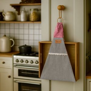 آویز سینی پارچه‌ای با حلقه گینگهامی قرمز و بدنه خاکستری، نصب‌شده روی دیوار آشپزخانه